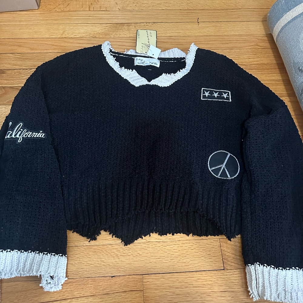 Vintage Havana Black and White Sweater with Peace and Star Patches